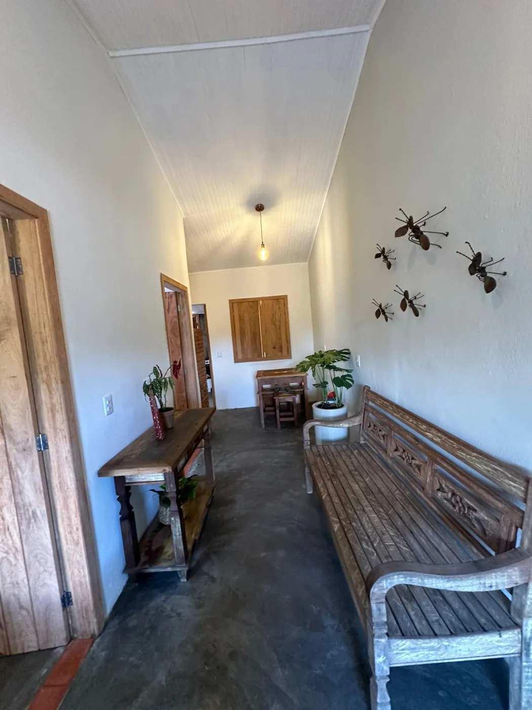 Hall com banco de madeira e esculturas de formigas na parede